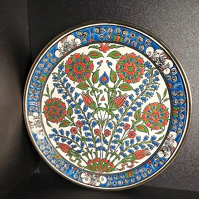 Vtg Handmade Manousakis Keramik Parperis Rodos Greece Blue Red Flower 9.5  Plate • $32