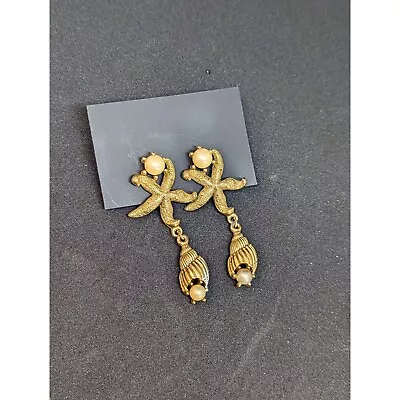 New Gold Faux Pearl Coastal Seashell Starfish Earrings FLAW • $15