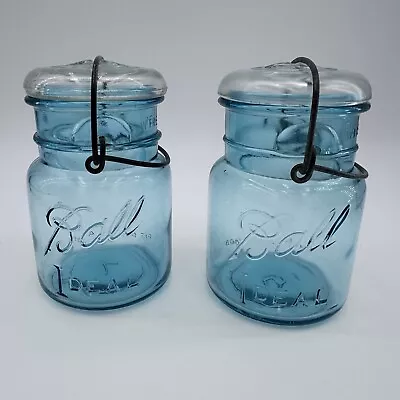 Vintage Pair Blue Ball Mason Jars Ideal Pint With Glass Lid & Wire Bale #5 & 7 • $19.95