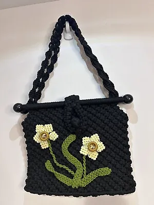 Macrame Jute Black Handbag Purse Shoulder Bag Tote Flower Boho • $17.60