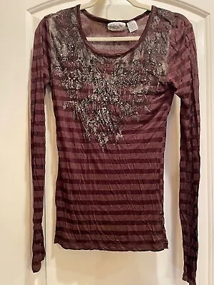 Miss Me Women's Long Sleeve Brown Striped Top With Rhinestone Bling Accents SZ L • $13.50