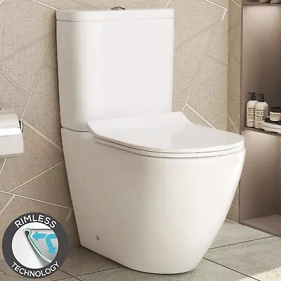 Bathroom Rimless Close Coupled Toilet Dual Cistern White Round Soft Close Seat • £179.99