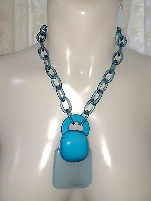 NEW Gaby - Blue 70s Style Chunky Pendant Chain Necklace - Costume Jewellery • £6.25