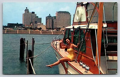 Corpus Christi TX Pin Up Postcard Woman Boat Vintage Sexy Lady City View • $12.36