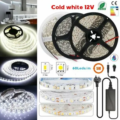 5m 10m 20m Cool White LED Strip Lights 5050 3528 SMD 10mm 8mm 12V Power Adapter • $11.89