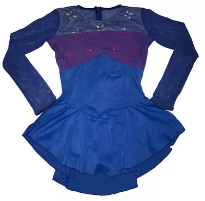 Mondor Girl’s M Blue Figure Skating Dress Mesh Back & Long Sleeves Competition • $25