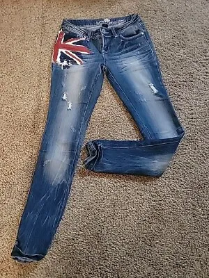 Almost Famous Women’s Union Jack British Flag Distressed Skinny Jean 26 By 31 • £11.40