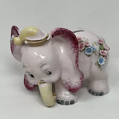 Vintage Japan PINK ELEPHANT Dumbo Piggy Still Bank With Flowers SO CUTE! • $25.62