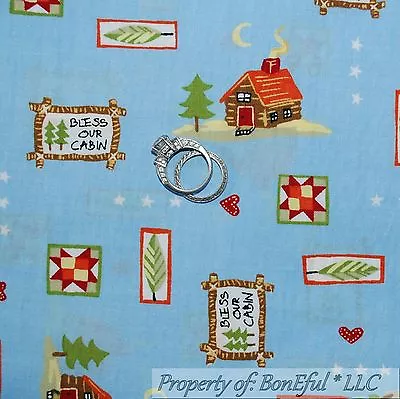 BonEful Fabric Cotton Quilt Blue Red Log Cabin Xmas Tree Star Country SALE SCRAP • $0.55