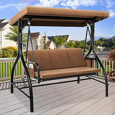 Outdoor 3-Person Patio Swing Chair Porch Swing With Adjustable Canopy Cushion • $213.76