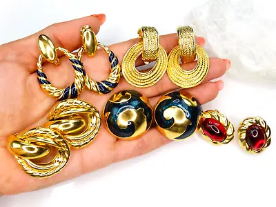 $31 • Buy Lot Vtg Mogul Earrings Signed Givenchy Monet Park Lane Big Gold Enamel Ruby Cabs