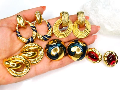$31 • Buy Lot Vtg Mogul Earrings Signed Givenchy Monet Park Lane Big Gold Enamel Ruby Cabs