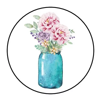 30 Pretty Flowers In Mason Jar Envelope Seals Labels Stickers 1.5  Round • $2.64