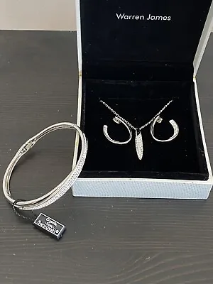 Warren James Silver Colour Bangle Pendant & Earrings With Swarovski Crystals • £34.95