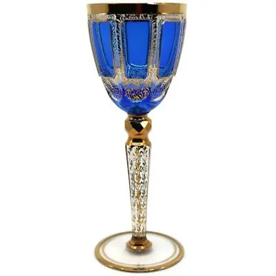 Antique Bohemian Moser Cobalt Blue CABOCHON Wine Glass 7 7/8  Gold Trim • $219.99