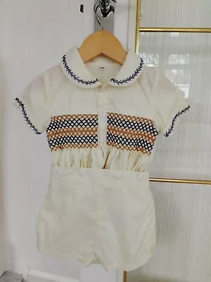 £25 • Buy Boys Smocked Suit Age 18 Months Blue And Cream Lovely Condition