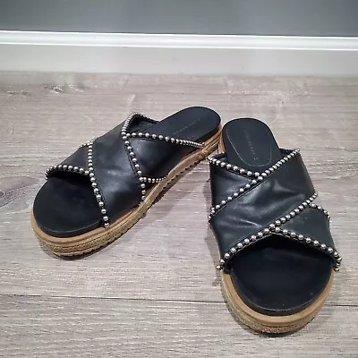 Zara Black Silver Studded Cross Strap Slides Womens 9 Open Toe Slip On Sandals • $25