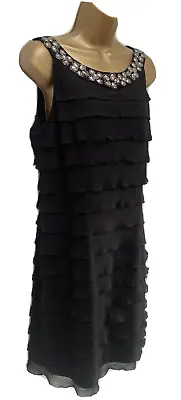 Roman Black Dress Size 14 Layered Frill Beaded Chiffon Charleston Christmas • £18.99
