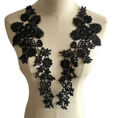 1Pair Black Flower Embroidered Neckline Lace Collar Trim Sewing Patch Applique • £4.20