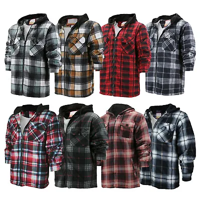 Men's Heavy Fleece Lined Sherpa Hoodie Plaid Flannel Jacket With Hood • $36.70