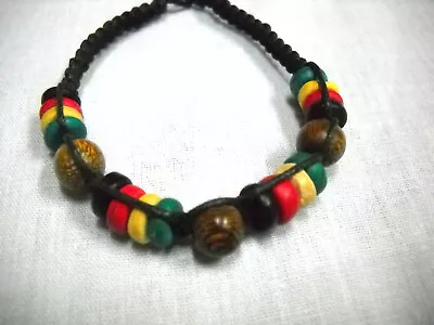 Black Macrame Rasta Colors Wood Beads Red Green Yellow Tie On Anklet Or Bracelet • $4.99