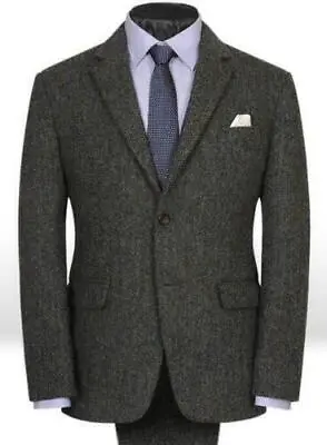 Charcoal Gray Mens Wool Blend Suit Herringbone Vintage Retro Office Tuxedos Suit • $86.99