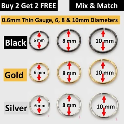 Thin 0.6mm Surgical Steel Hoop Nose Fake Ear Earring Rings Popular Body Piercing • £1.94