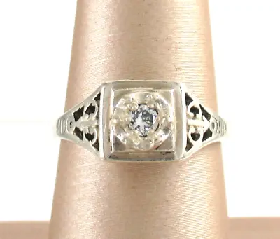 Vintage .925 Sterling Silver CZ Ring Engagement Filigree Art Deco Style Sz 7 • $31.96