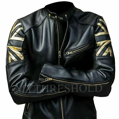 Mens Biker Vintage Motorcycle Black Cafe Racer UK Flag Union Jack Leather Jacket • $178.99