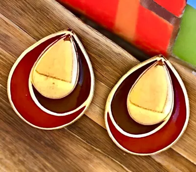 MONET Clip-On Vintage Earrings Goldtone Black Red Enamel Signed • $30