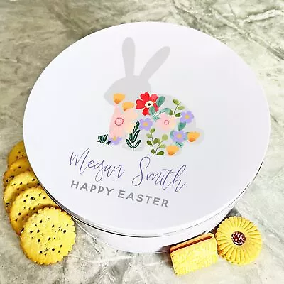 Easter Rabbit Flowers Purple Round Personalised Gift Biscuit Sweets Treat Tin • £16.11