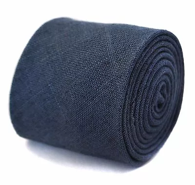 Frederick Thomas Designer Linen Mens Tie - Dark Navy Blue Plain Skinny Textured • $19.91