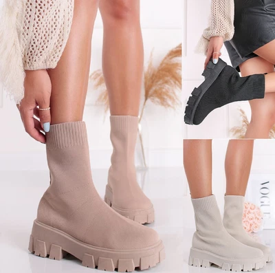 £21.90 • Buy Womens Ladies Flat Chunky Platform Sole Chelsea Slip Knitted Ankle Boots Shoes