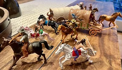 Vintage Plastic Cowboys And Indians With Horses And Covered Wagons -beautiful! • $34.99