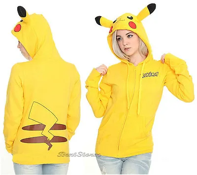 Pokemon GO Pikachu Ears Tail Yellow Zip Hoodie Hoody Anime Cosplay Nintendo NEW • £72.24