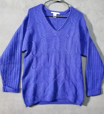 Vintage Lambswool Angora Sweater Womens 6 Blue Cable Knit V Neck 90s  • $27.50