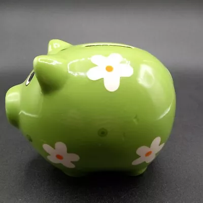Vintage 5  Ceramic Cute Smiling Pig Piggy Bank With Flowers Green      L1 • $19.99