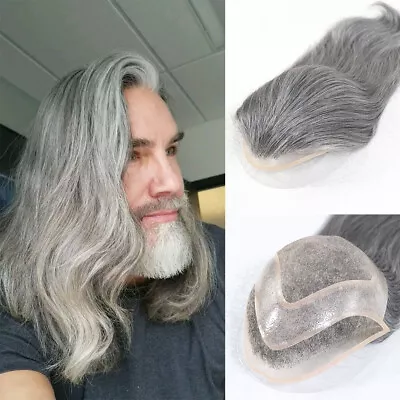 12inch Long Men Toupee Lace Front Human Hair System Grey Male Wig Unit Hairpiece • $145.21