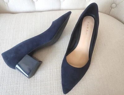 $29.99 • Buy Zara TRF Sz Eu 40 US 9 Pointy Toe Suede Block Heel Pumps Navy Blue Suede 
