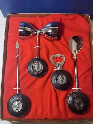 Vintage Swank 4pc Cocktail Bar Mixing Set Leather Handle With Greek Head • $12.99