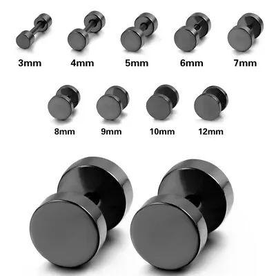 Black Stud Earrings Men Women Faux Gauges Ear Tunnel Stainless Steel Earrings • $4.98