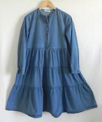 Adina Las Vegas Dress 1/2 Button Up Tiered Long Sleeve Cotton Blue Size L • $29.74