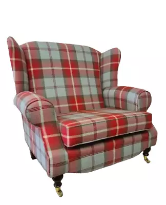 Snuggle Wing Back Cottage Fireside Chair EXTRA WIDE  Balmoral Cherry/Grey Tartan • £749