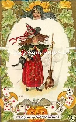 Fabric Block Vintage Halloween Little Witch Black Cat Owl Jack O Lantern Bat  • $8.99