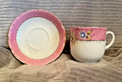 Antique Pink & Gold Floral Mustache Cup W/ Saucer - Made In Germany #72 • $22
