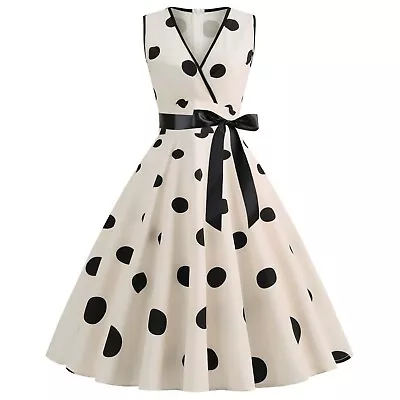 1950s Vintage Womens Polka Dot Dress Bowknot Audrey Hepburn Style Party Dresses • £20.39