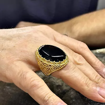 925k Onyx Signet  Large Gold Ring Men Handmade Ring  Man Black Stone Ring • $145