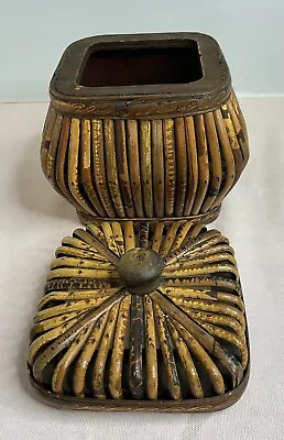 Vintage Wood Rattan Brown Tan Canister Container Intricate Design With Lid • $22.99