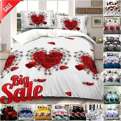 3D Floral Design Duvet Cover Bedding Set With Fitted Sheet & Pillowcase All Size • £20.39