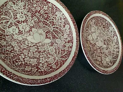 2  Vernon Kilns Don Blanding Maroon Hawaiian Flowers Salad Plates Tiki Bar Luau • $28